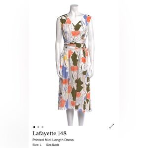 Lafayette 148 New York White Midi Dress with Coral, Olive & Blue Abstract Print